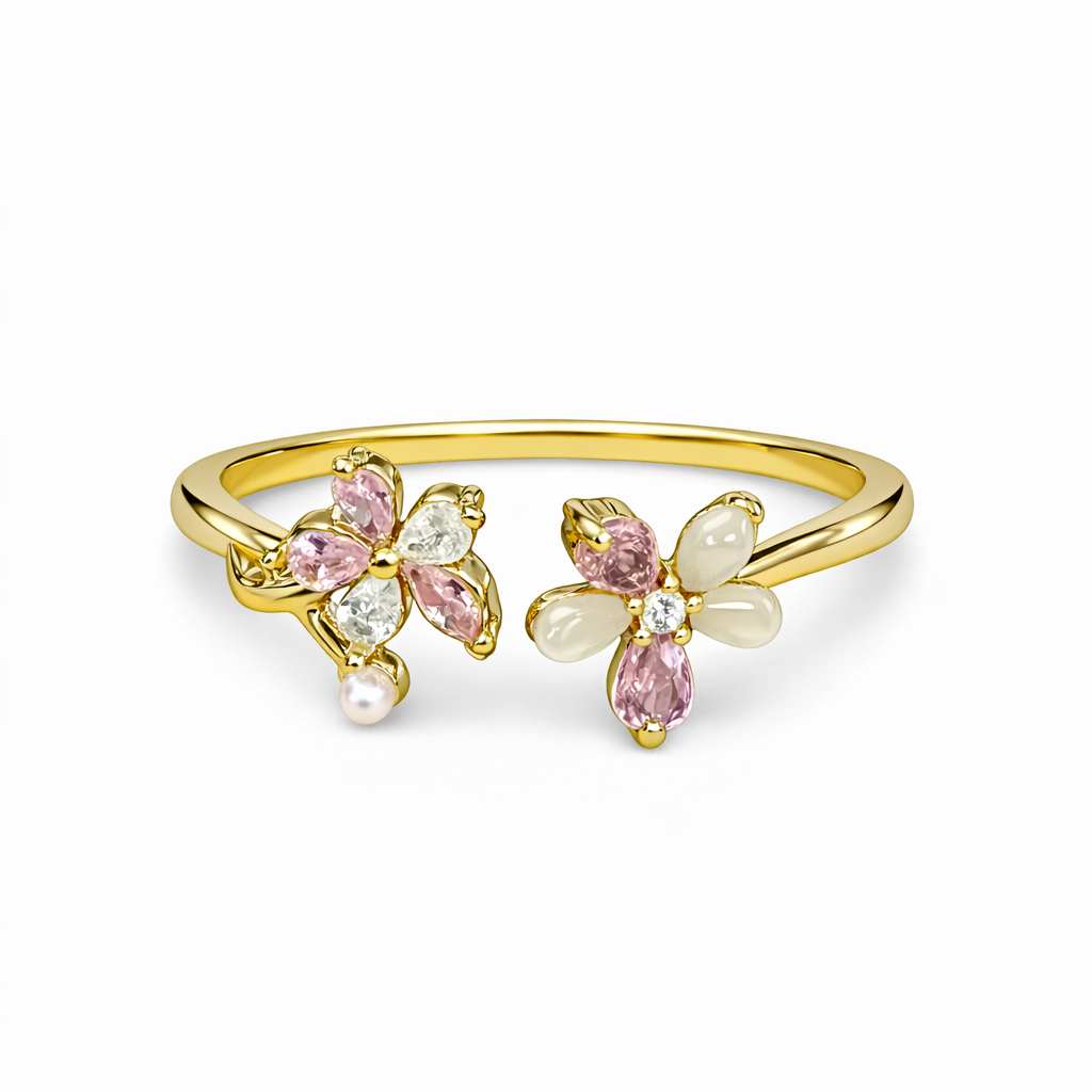 Anillo flores rosa y blanco chapa de oro