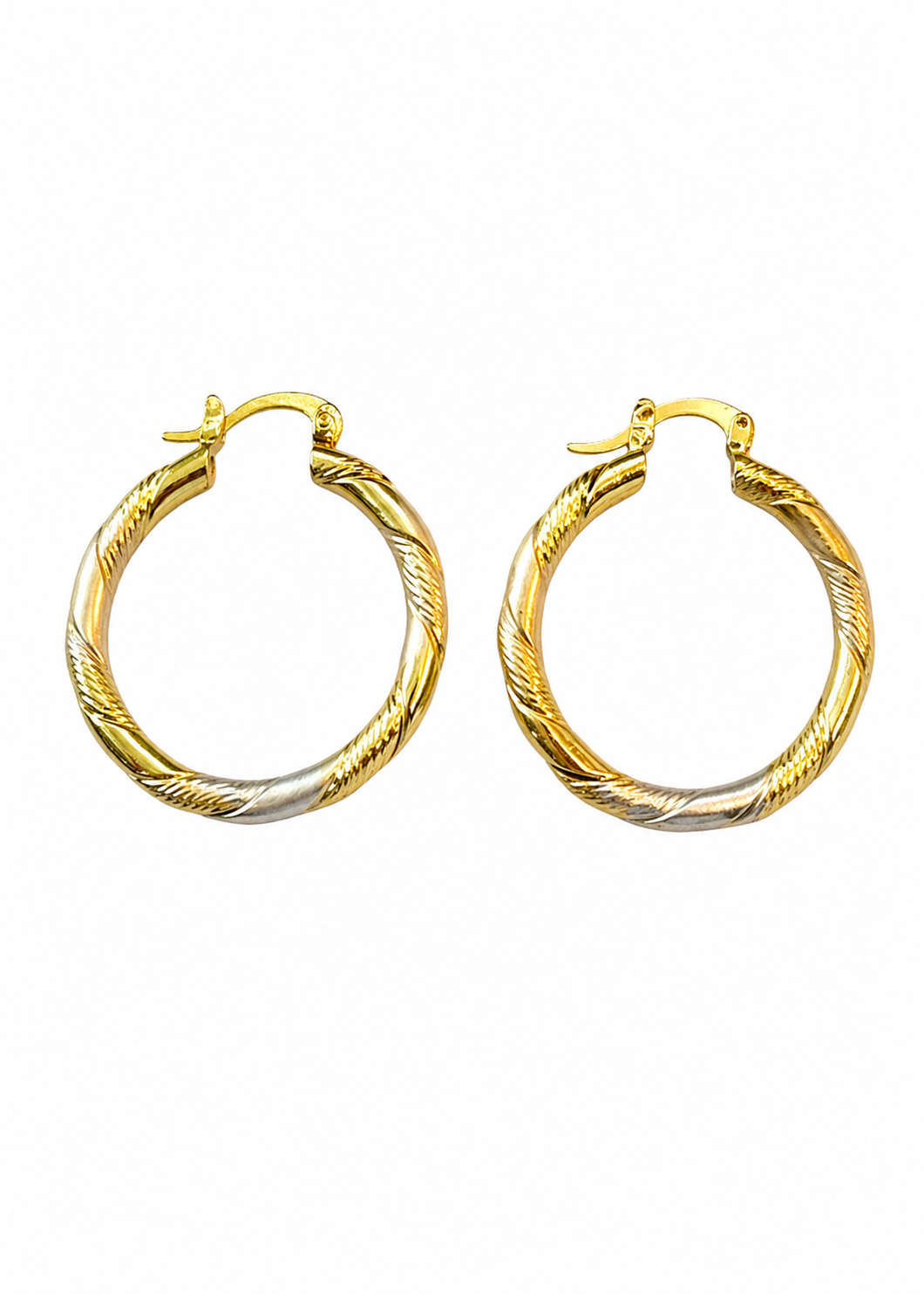 Aretes arracadas trenzada bicolor baño de oro