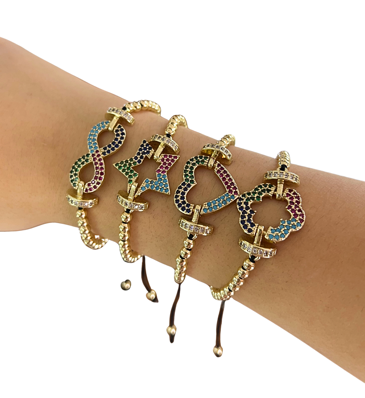 Pulsera de oro laminado con figuras ajustables de hilo