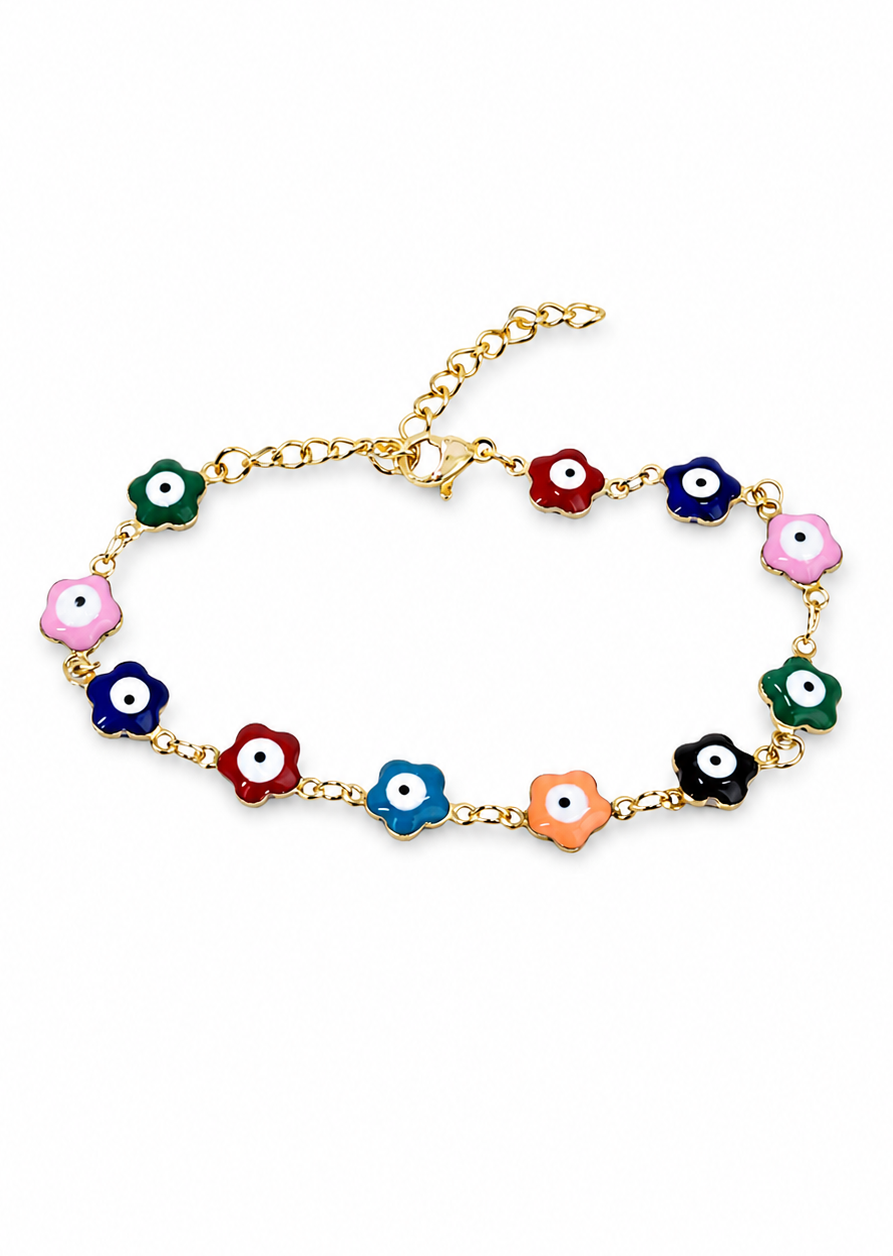 Pulsera flores ojos turcos colores acero inoxidable