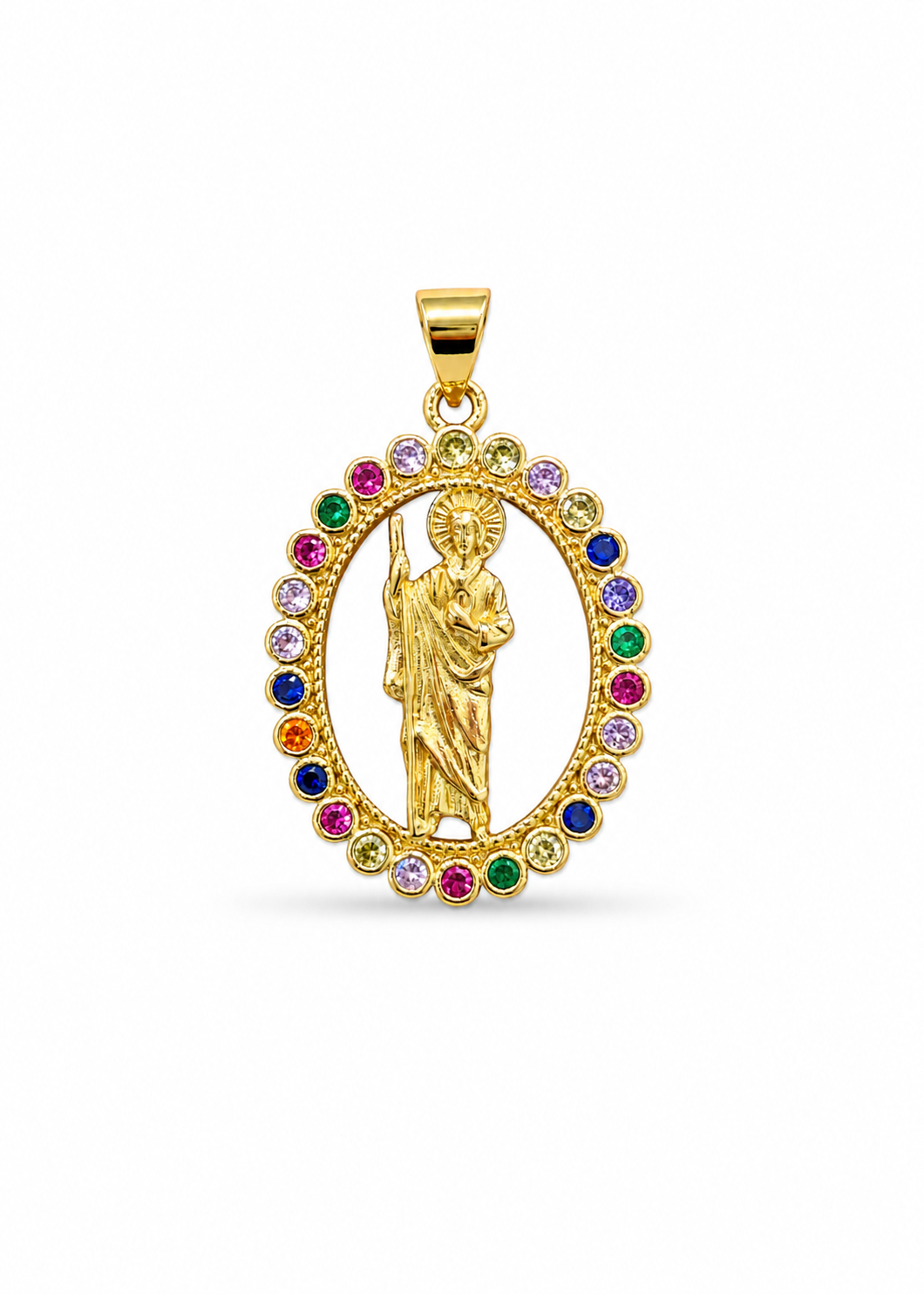 Dije medalla de san Benito con piedras circulares zirconias acero inoxidable