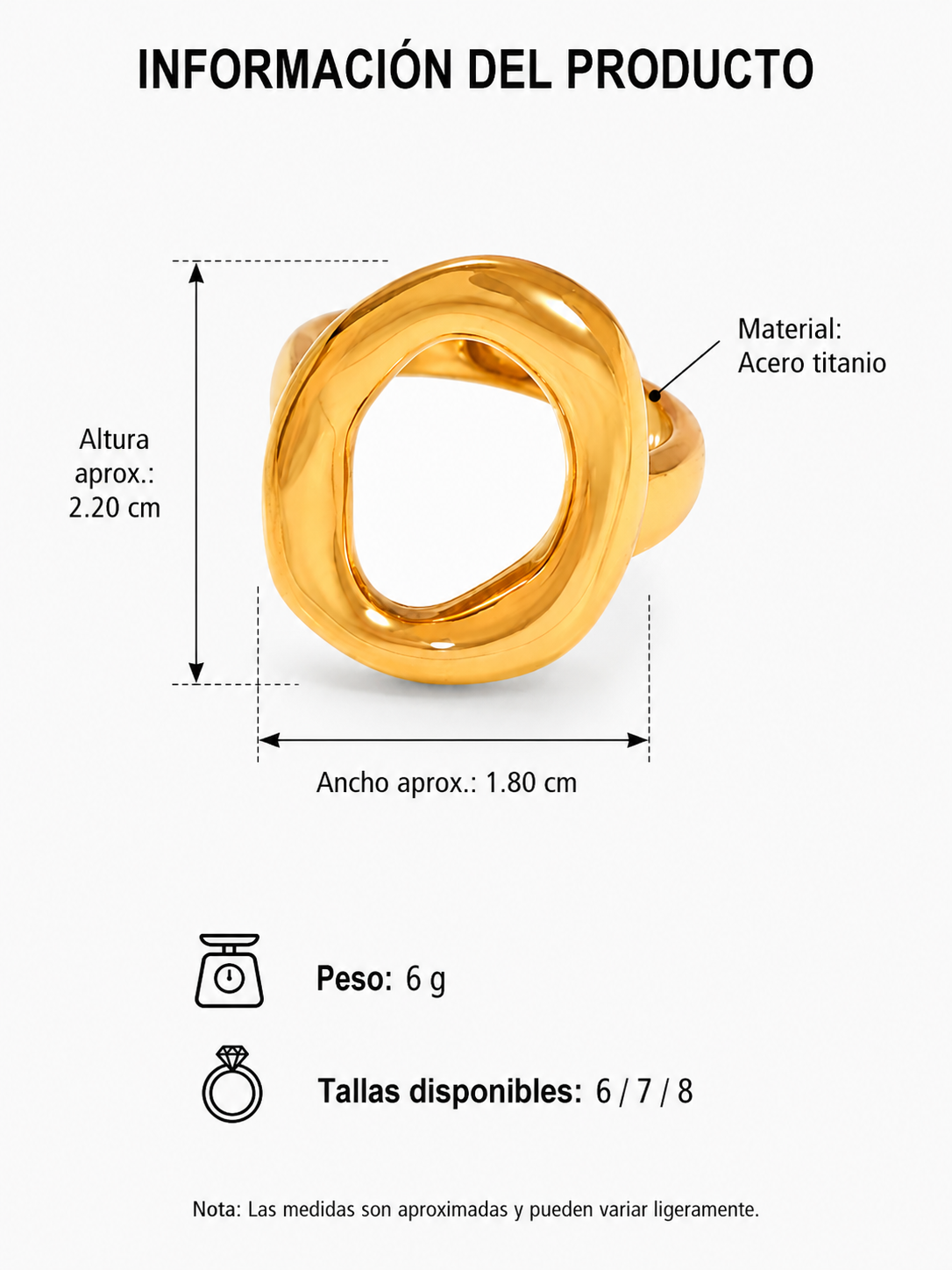 Anillo ovalado organic dorado acero inoxidable
