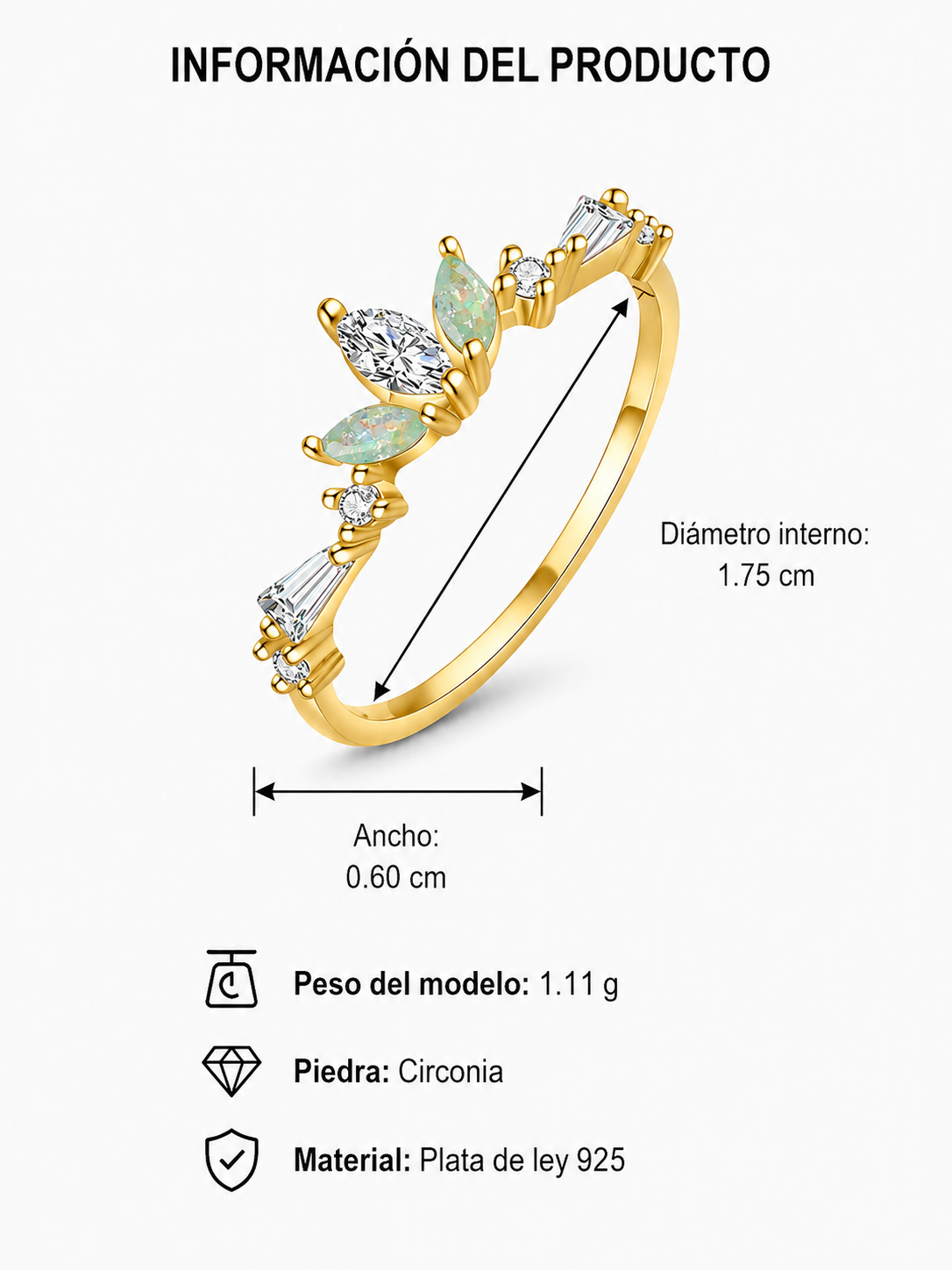 Anillo aurora de ópalo dorado plata de ley 925