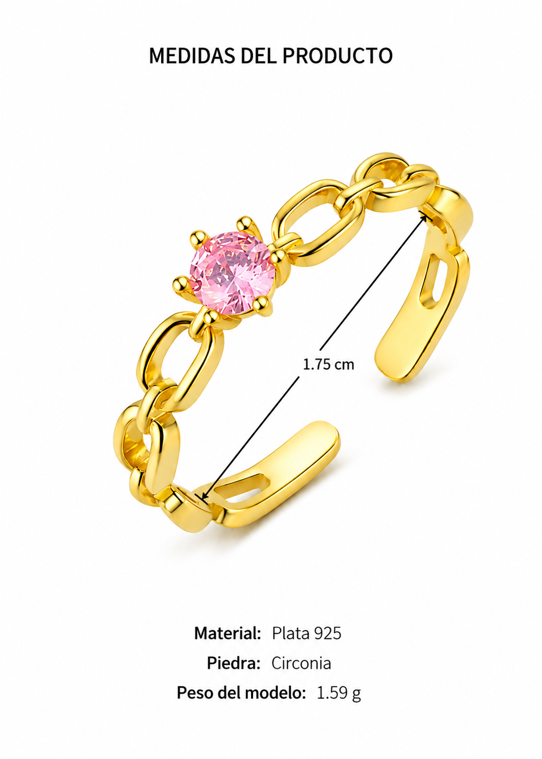 Anillo de cadena con circonia rosa dorado plata de ley 925