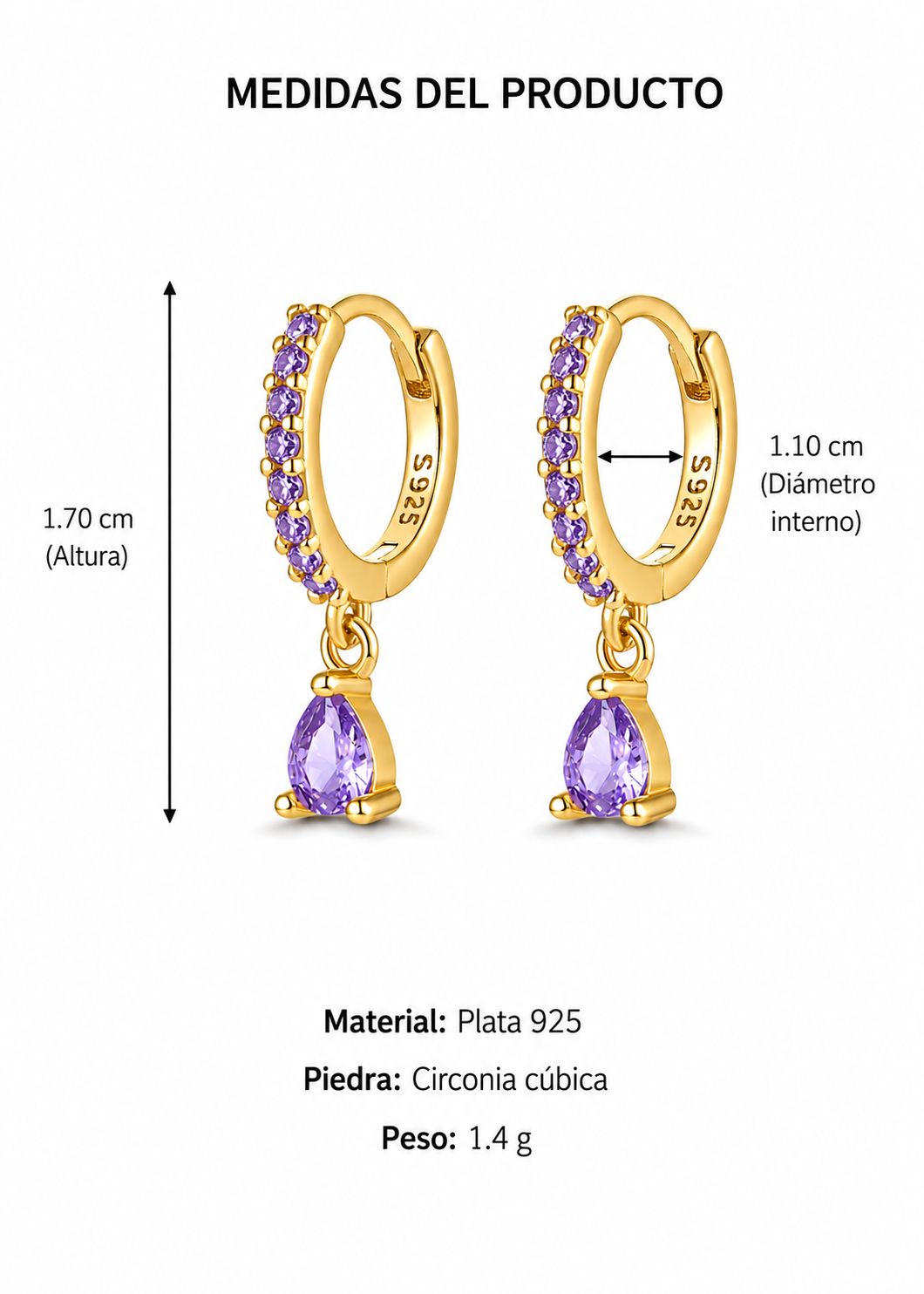 Aretes huggies con gota morada dorado plata de ley 925