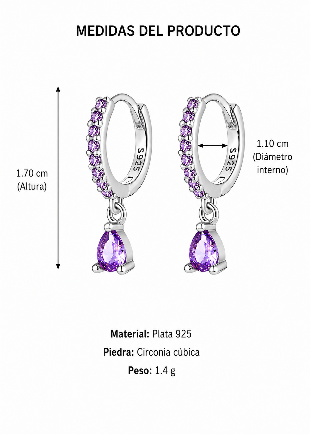 Aretes huggies con gota morada plateado plata de ley 925