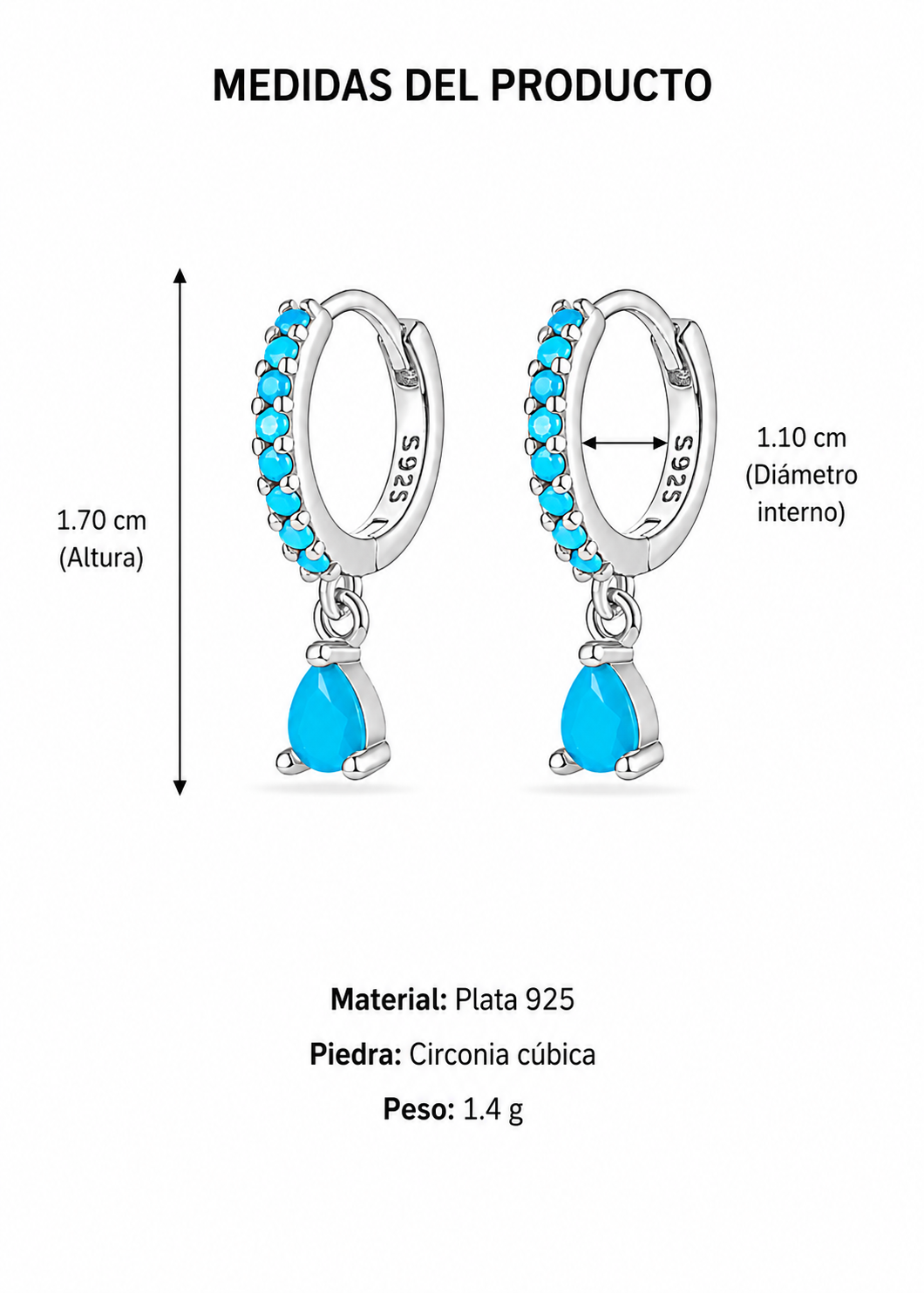 Aretes huggies con gota azul plateado plata de ley 925