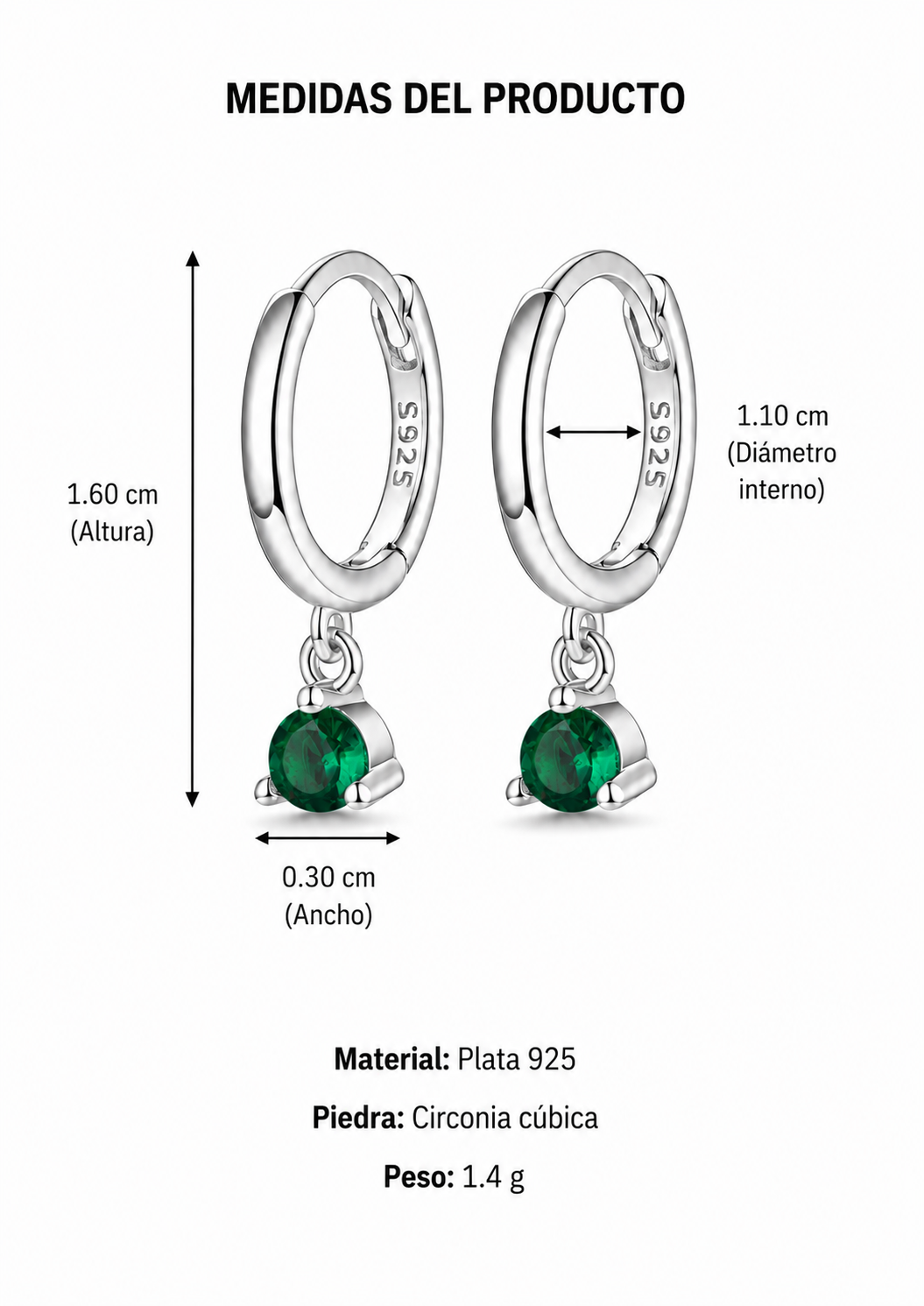 Aretes huggies con zirconia esmeralda plateado plata de ley 925