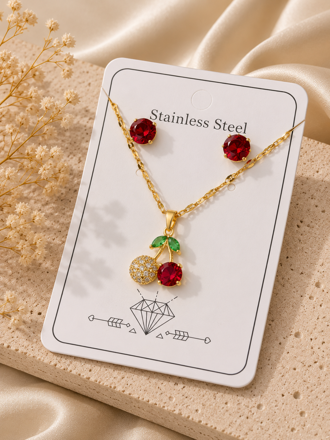 Conjunto collar y aretes cereza con cristales rojos acero inoxidable