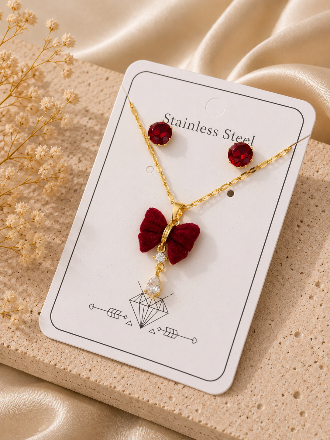 Conjunto mariposa terciopelo rojo acero inoxidable