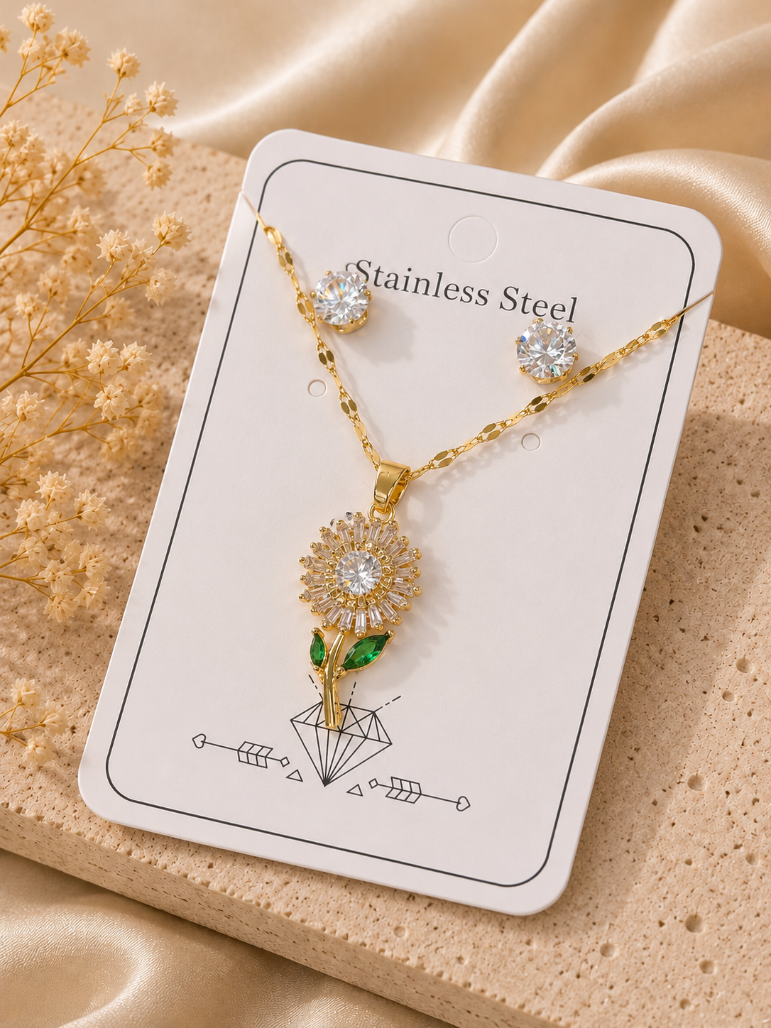Conjunto margarita de cristal con hojas verdes acero inoxidable