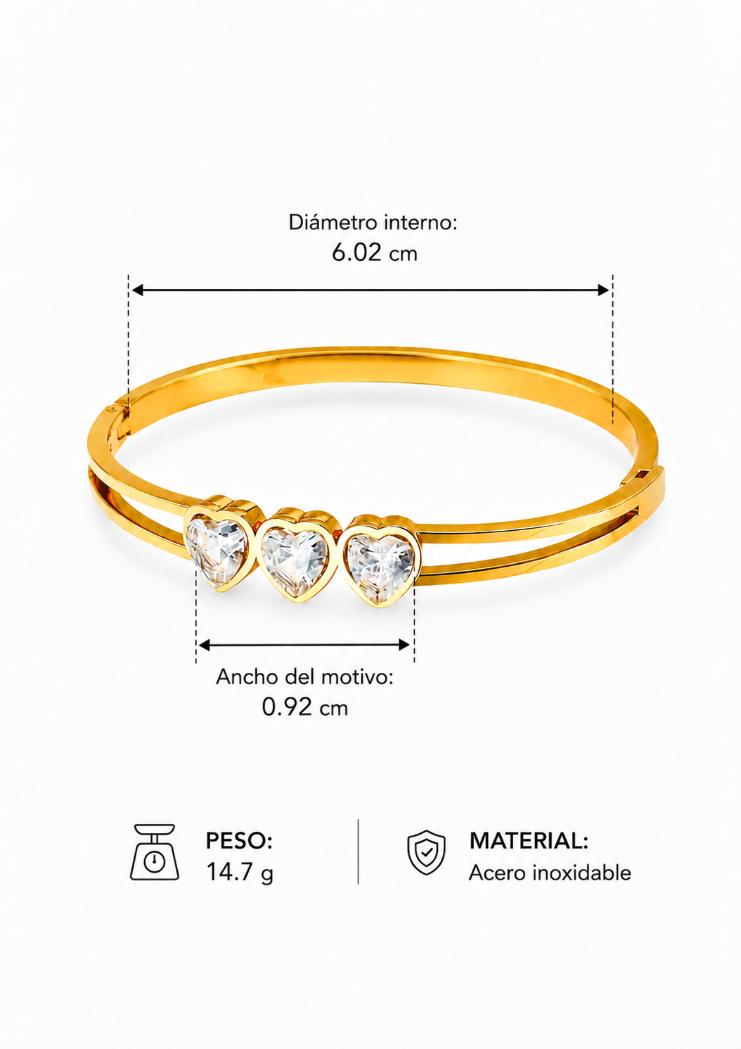 Pulsera tres corazones con cristales acero inoxidable