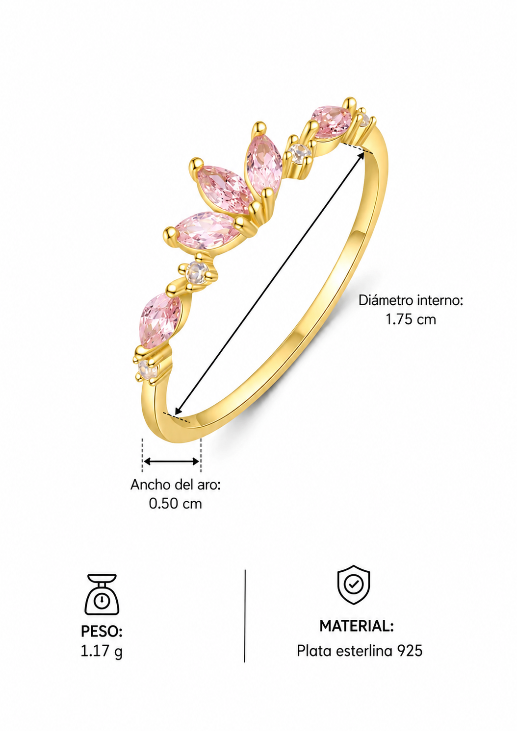 Anillo floral con circonias rosa corte marquesa plata de ley 925
