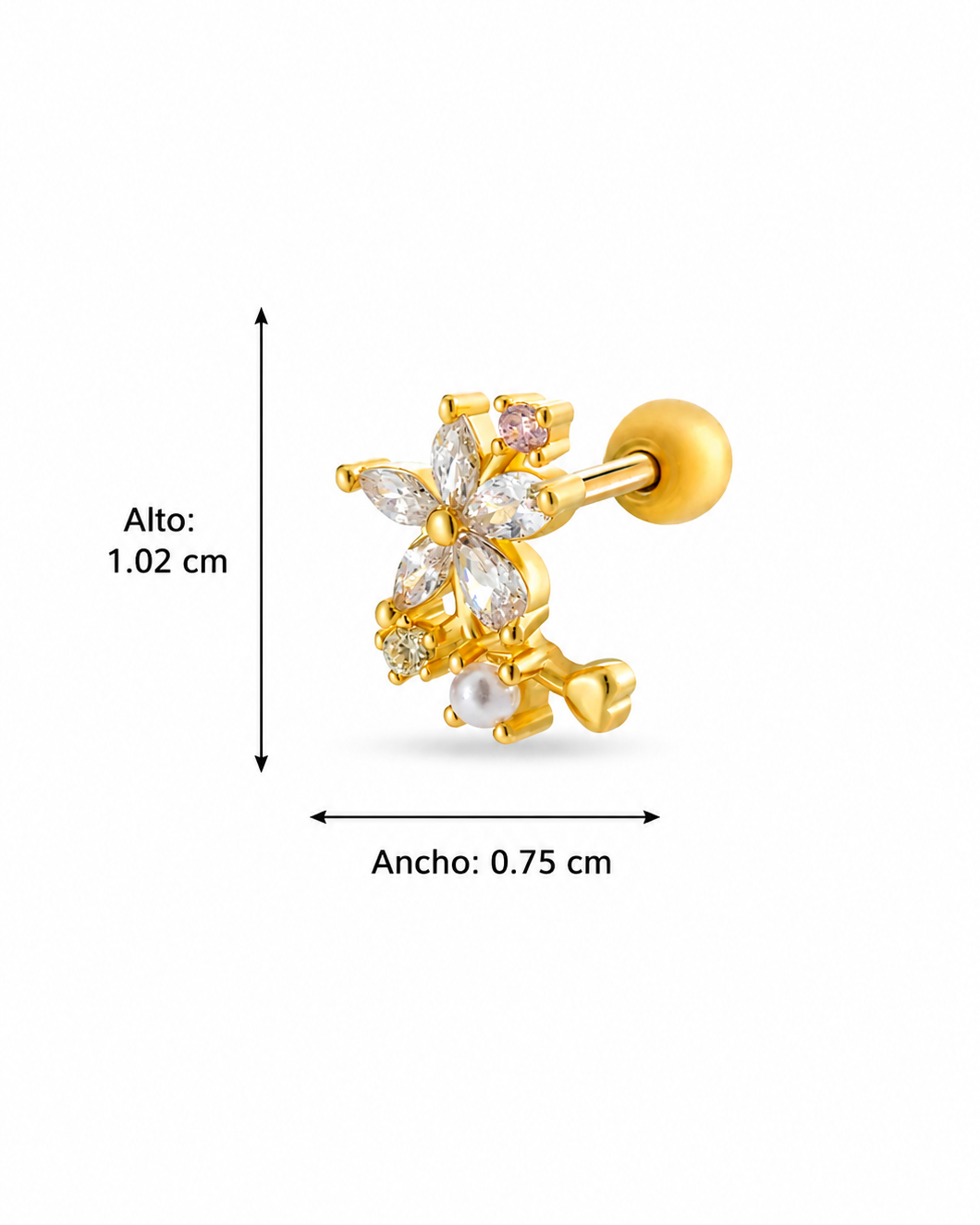 Piercing flor con perla y cristales acero inoxidable 316L Waterproof 💧