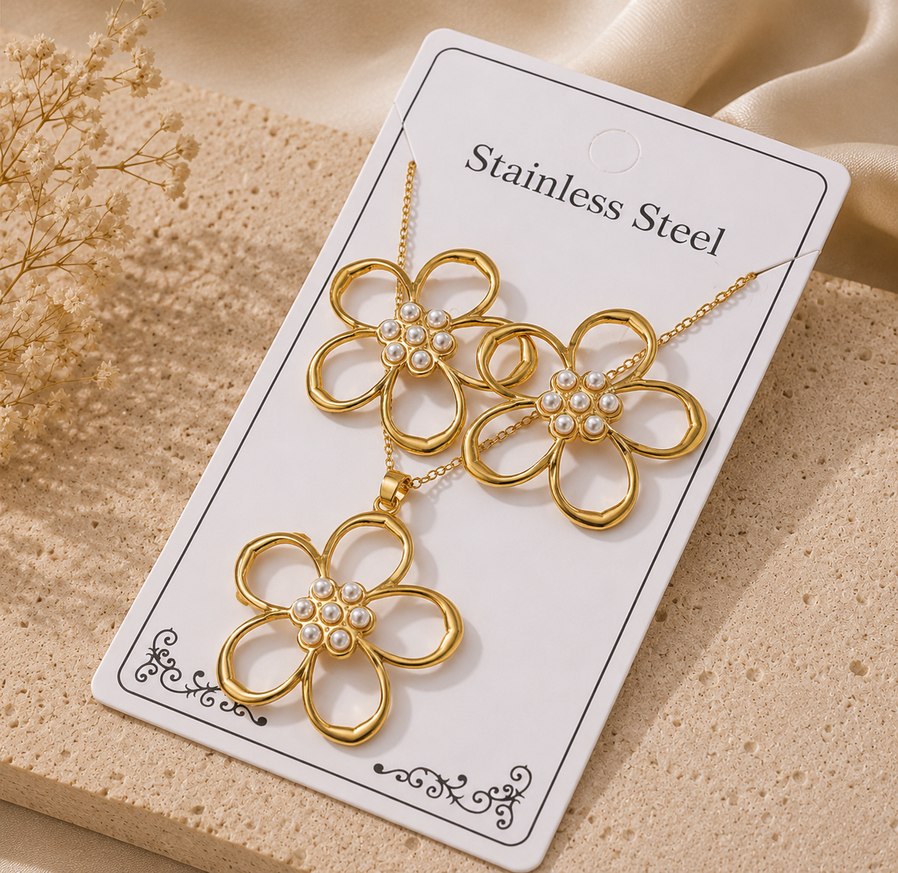 Conjunto flor abierta con perlas acero inoxidable