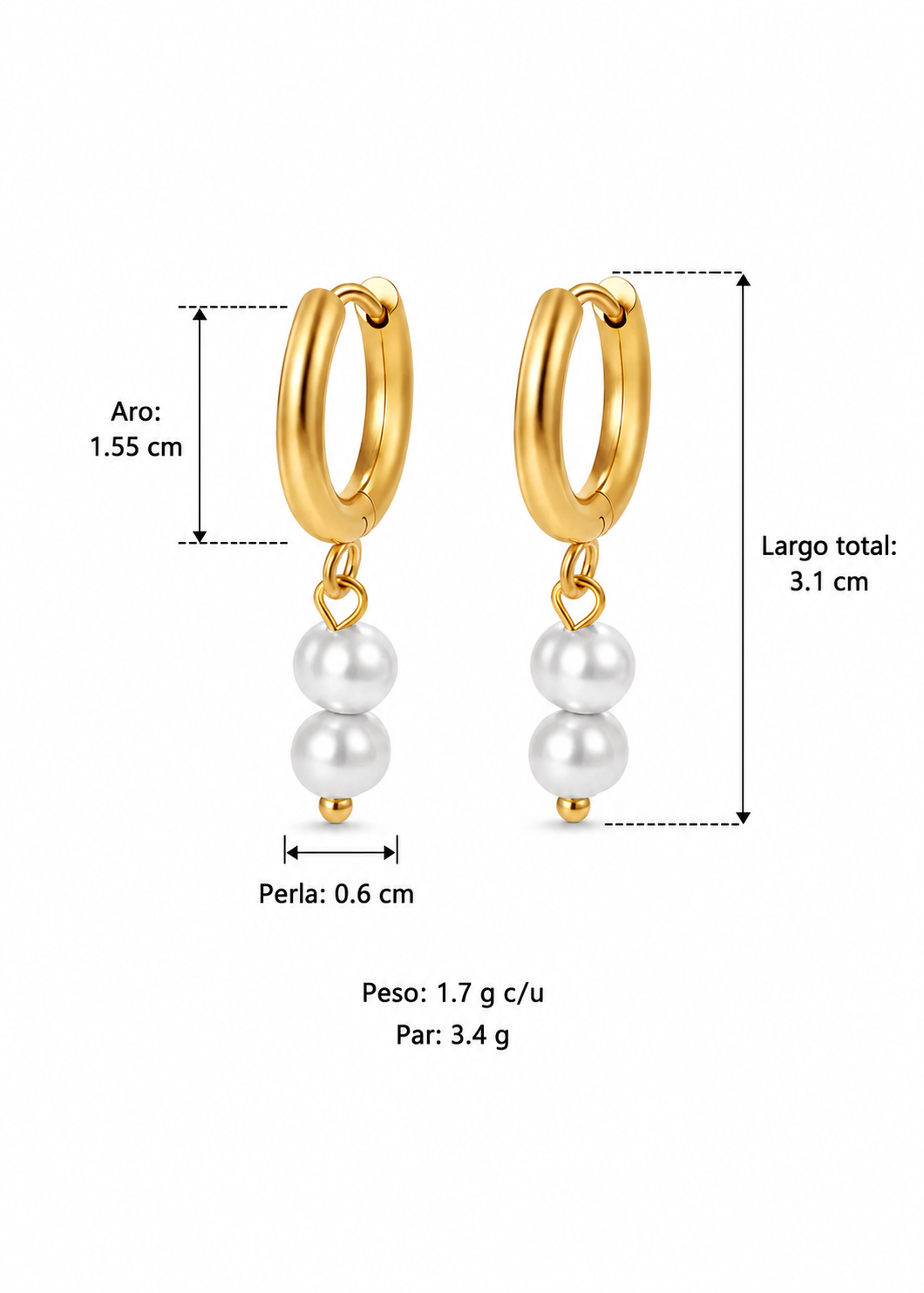 Aretes huggies con dos perlas acero inoxidable 304 Waterproof 💧