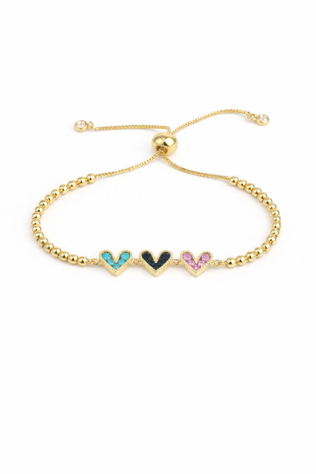 Pulseras tres corazones multicolor chapa de oro.