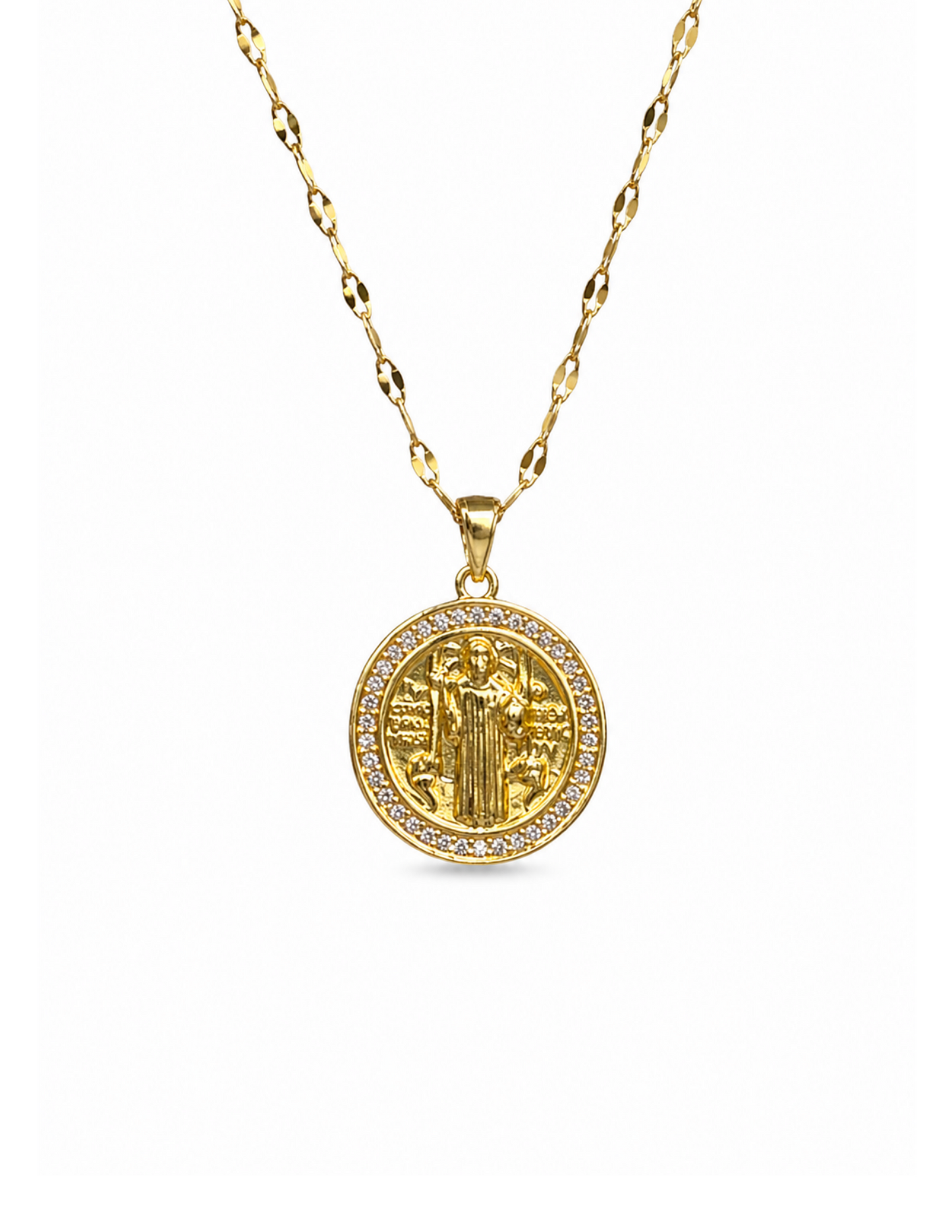 Collar medalla San Benito redonda con zirconias acero inoxidable