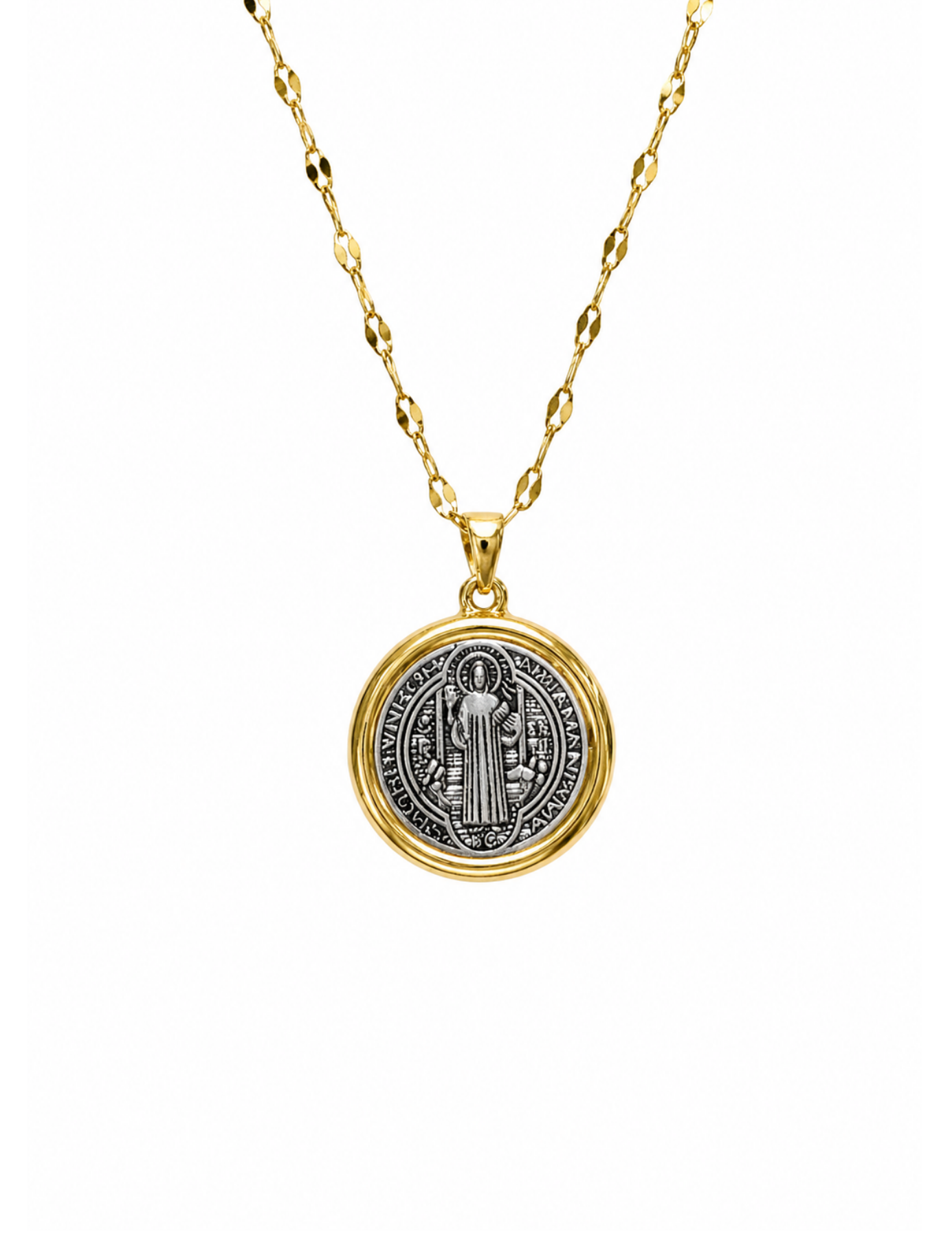 Collar medalla San Benito bicolor acero inoxidable