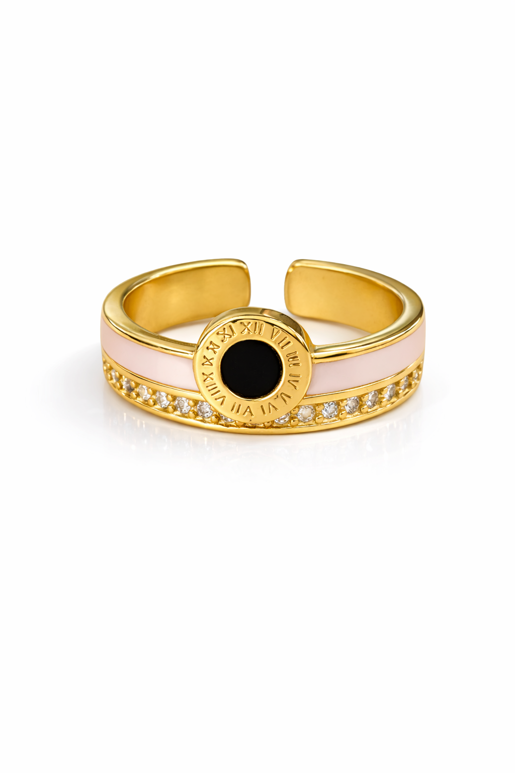 Anillo romano banda rosa con zirconias chapa de oro