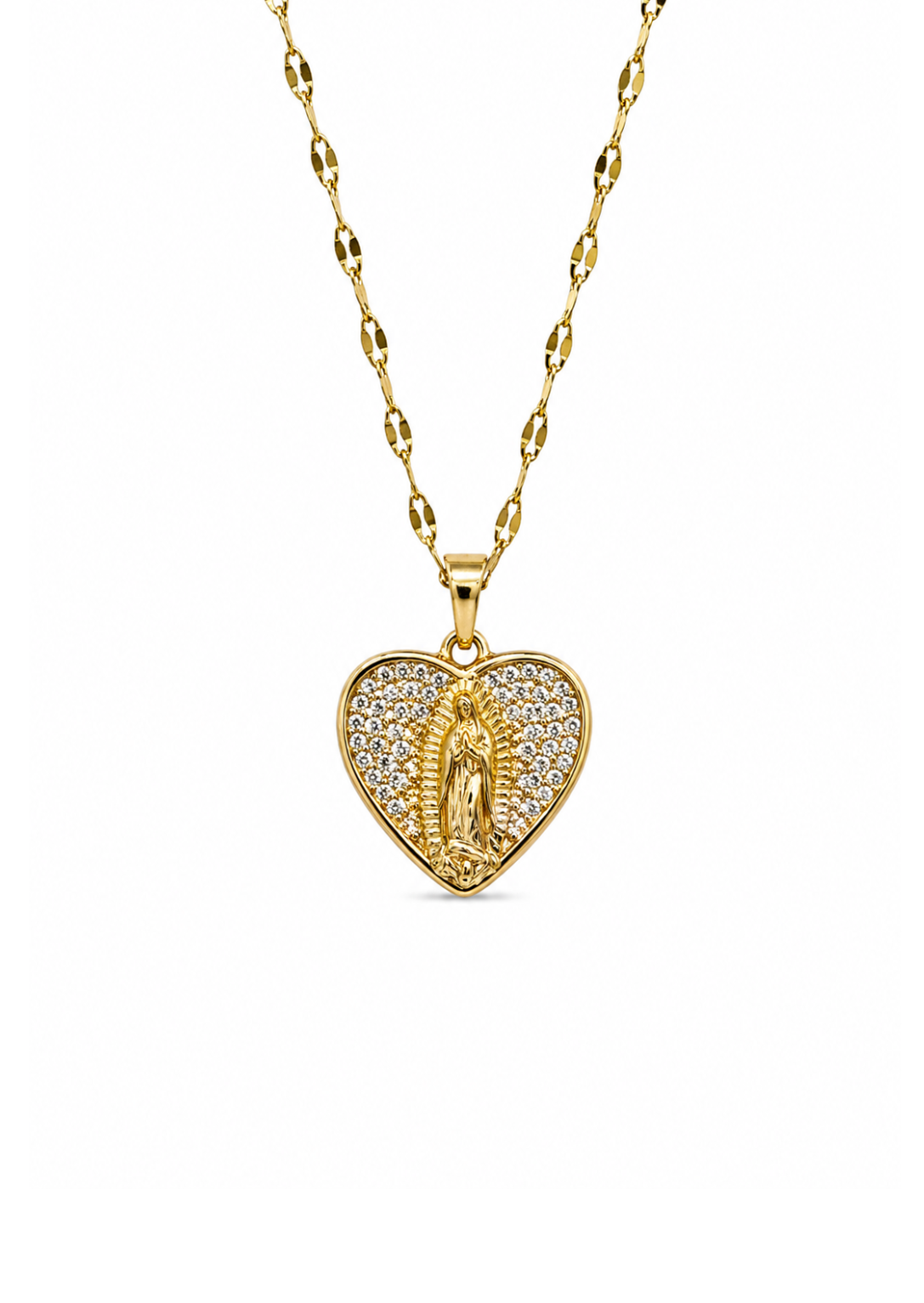 Collar corazón Virgen de Guadalupe con zirconias acero inoxidable