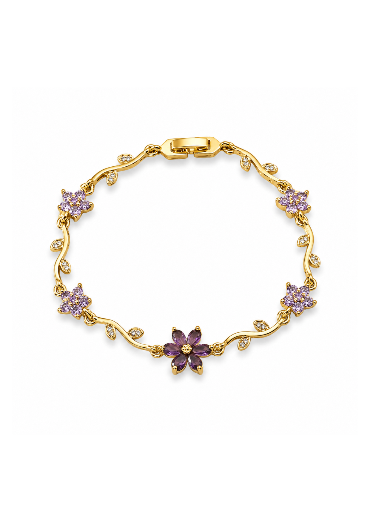 Pulsera de eslabones floral con zirconias chapa de oro 18k
