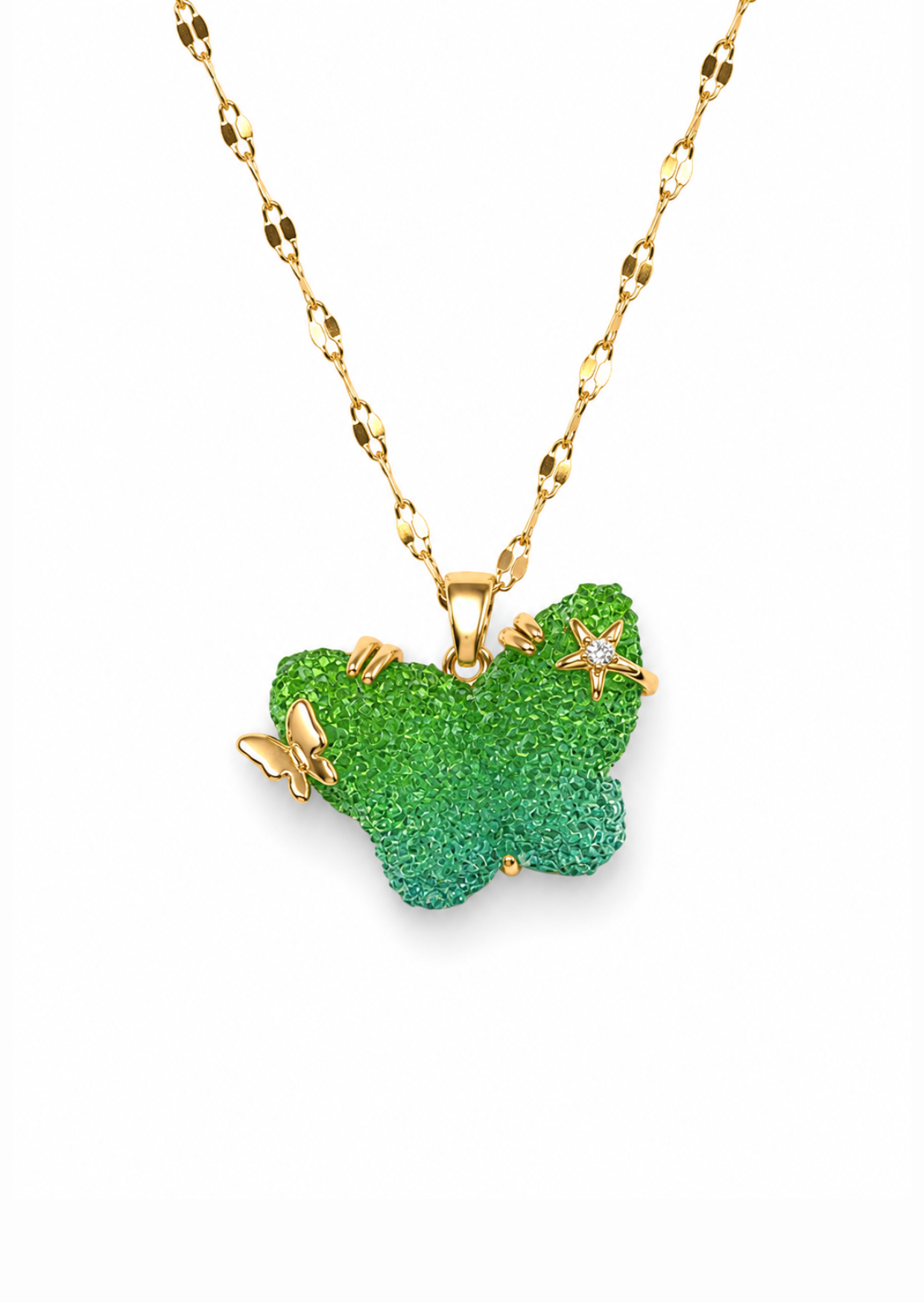 Collar mariposa piedra textura cristal con estrellas acero inoxidable