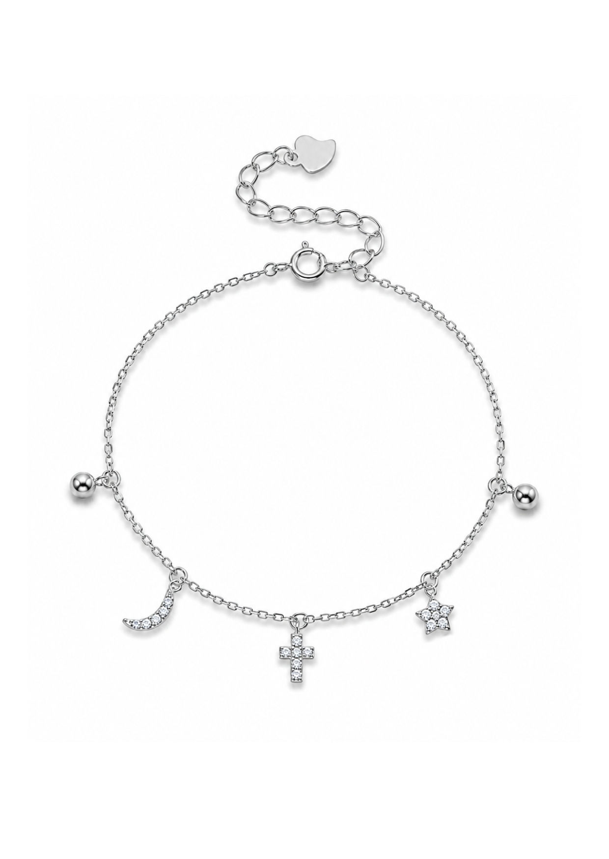 Pulsera con dijes de luna, cruz y estrella plata de ley 925