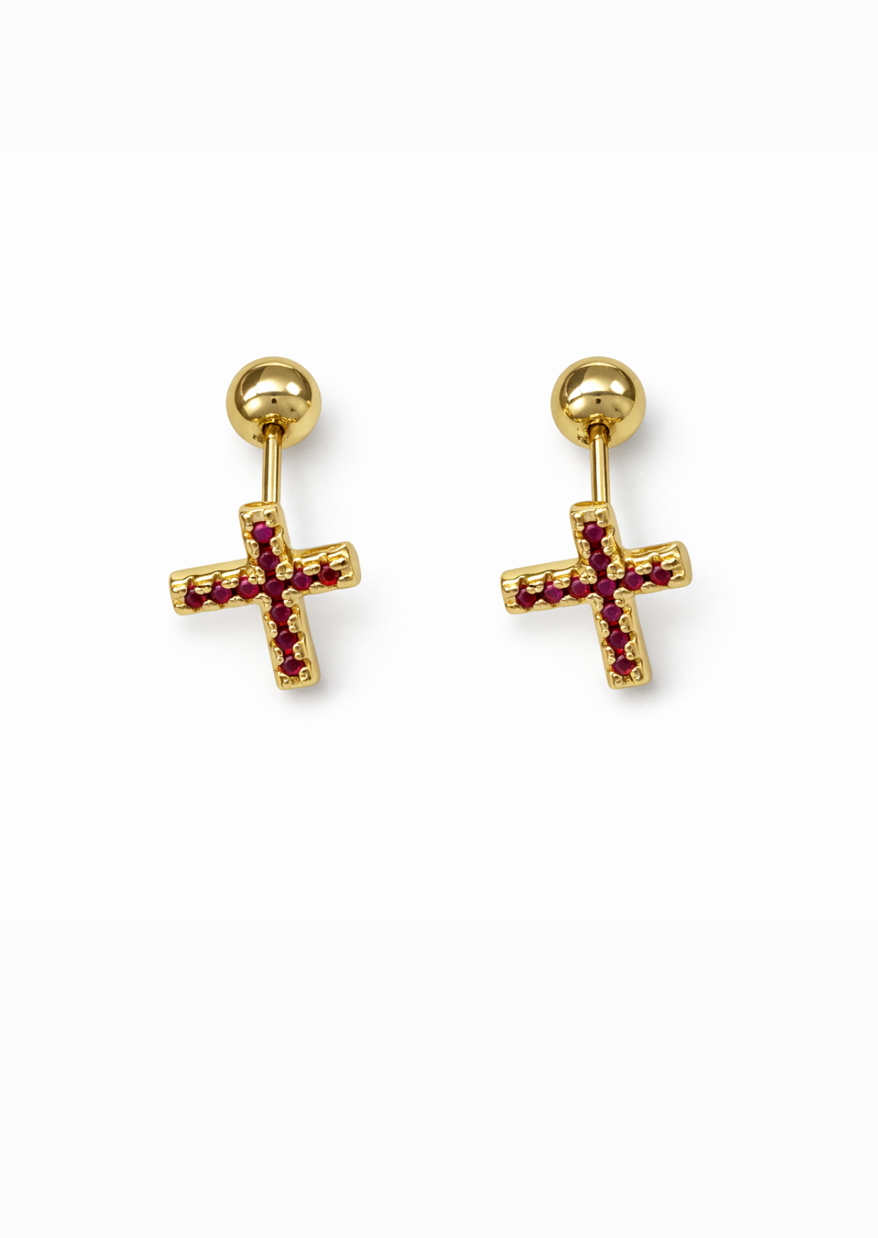 Aretes cruces con zirconias rosas chapa de oro