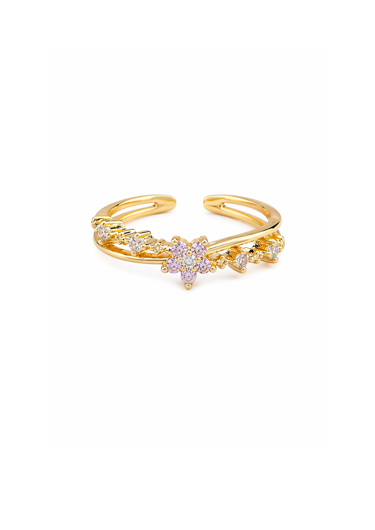 Anillo ajustable flor rosa con zirconias banda doble chapa de oro