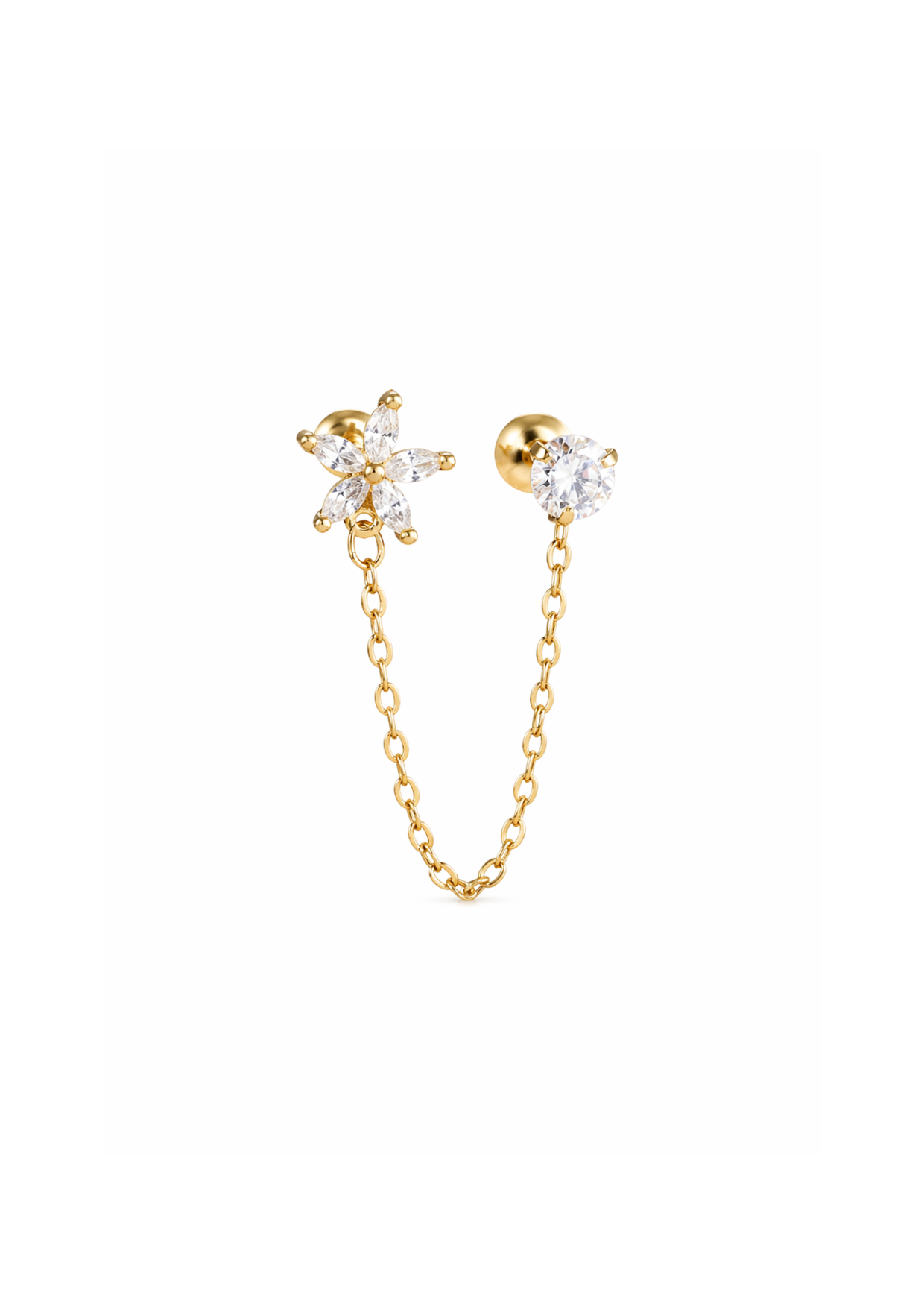 Arete piercing flor con cadena zirconias acero inoxidable