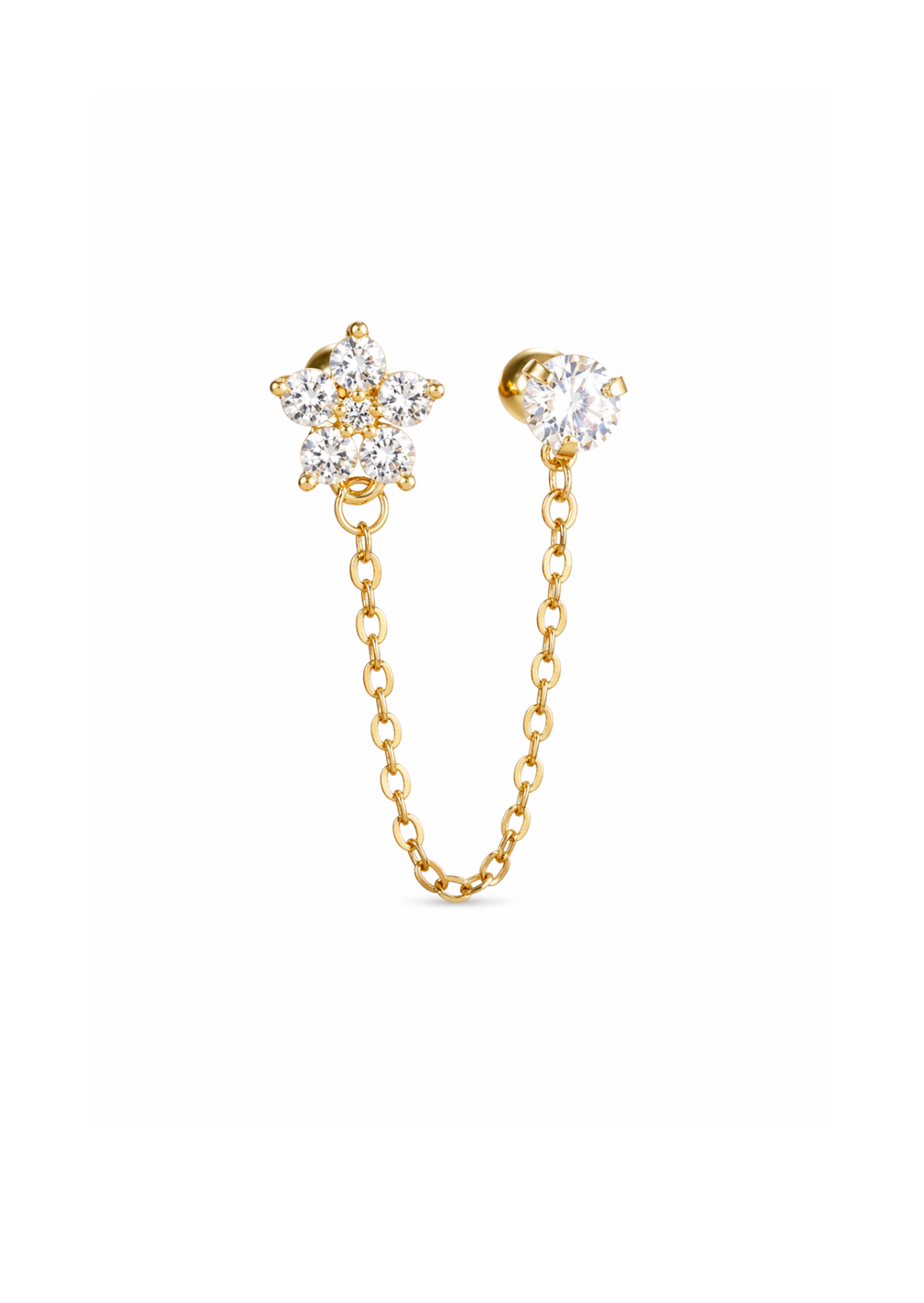 Arete piercing flor con cadena zirconias acero inoxidable