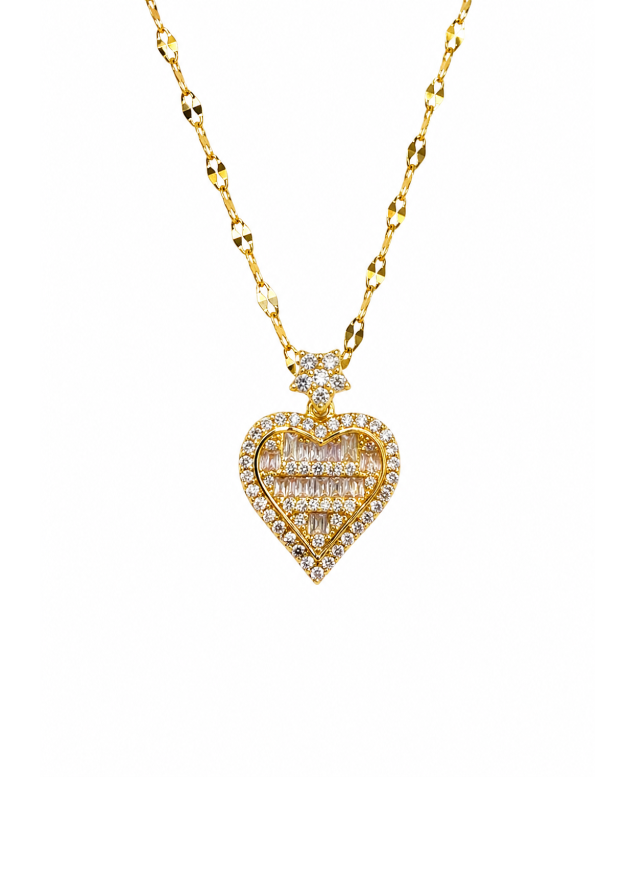 Collar corazón con flor baguette zirconias acero inoxidable