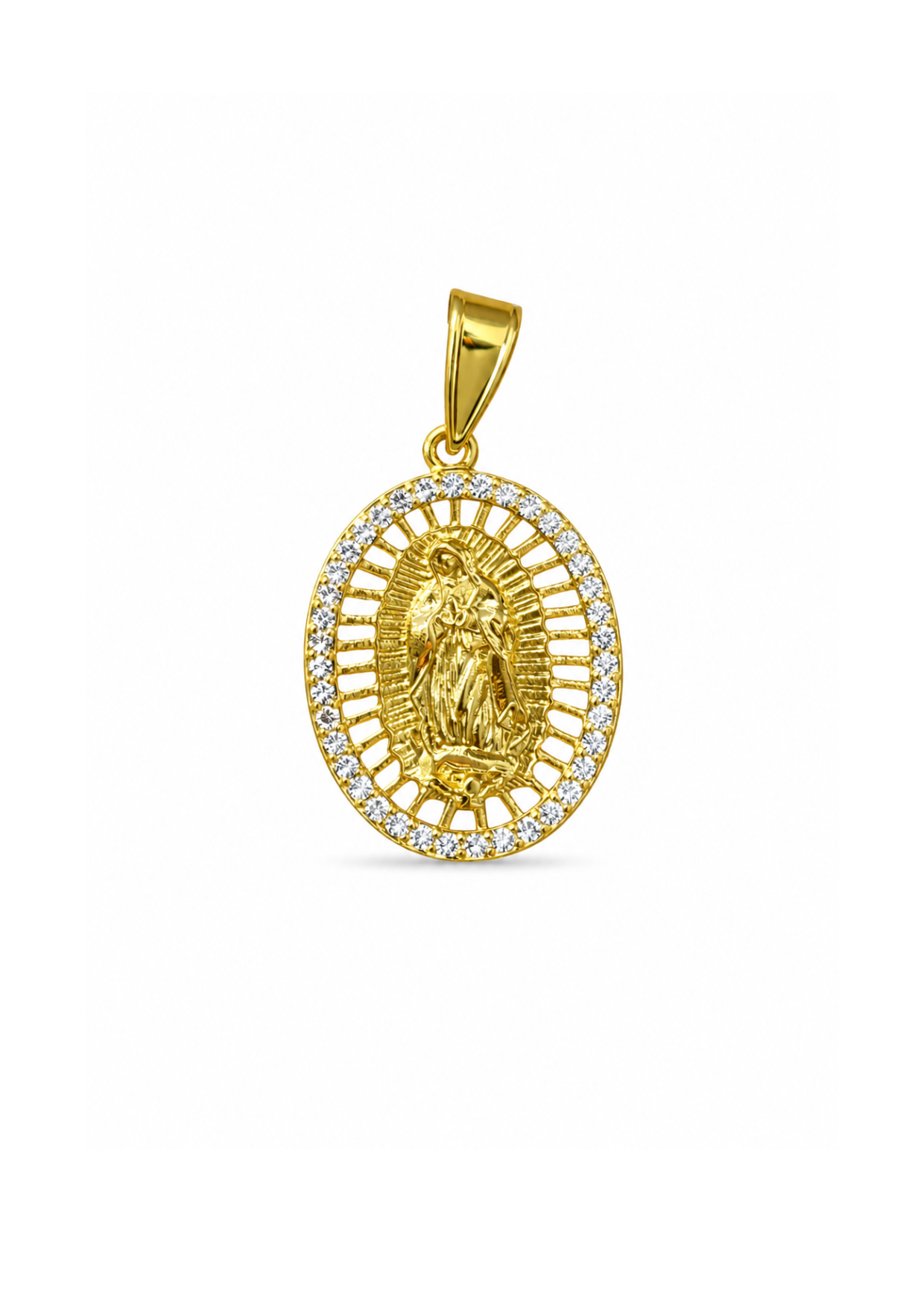 Dije medalla oval virgen de Guadalupe con zirconias acero inoxidable