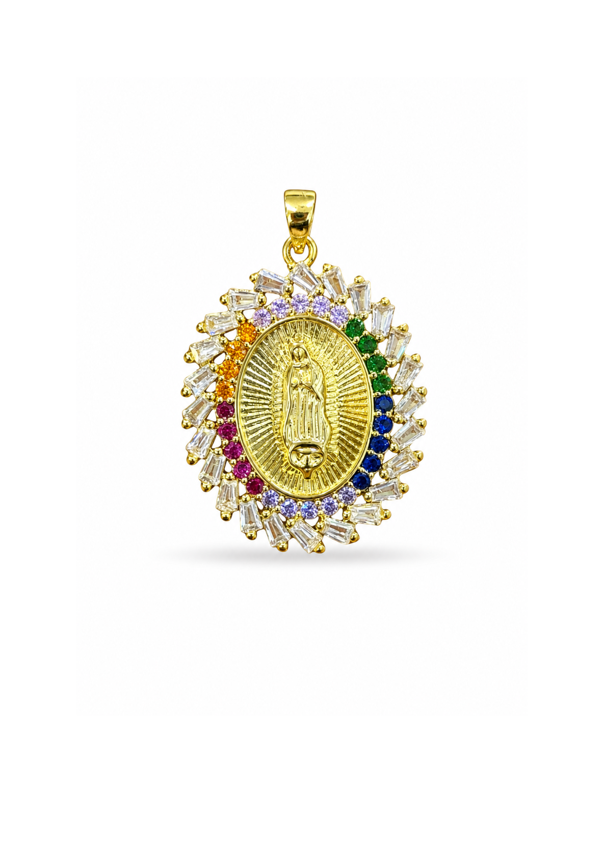 Dije medalla virgen de Guadalupe zirconias colores acero inoxidable
