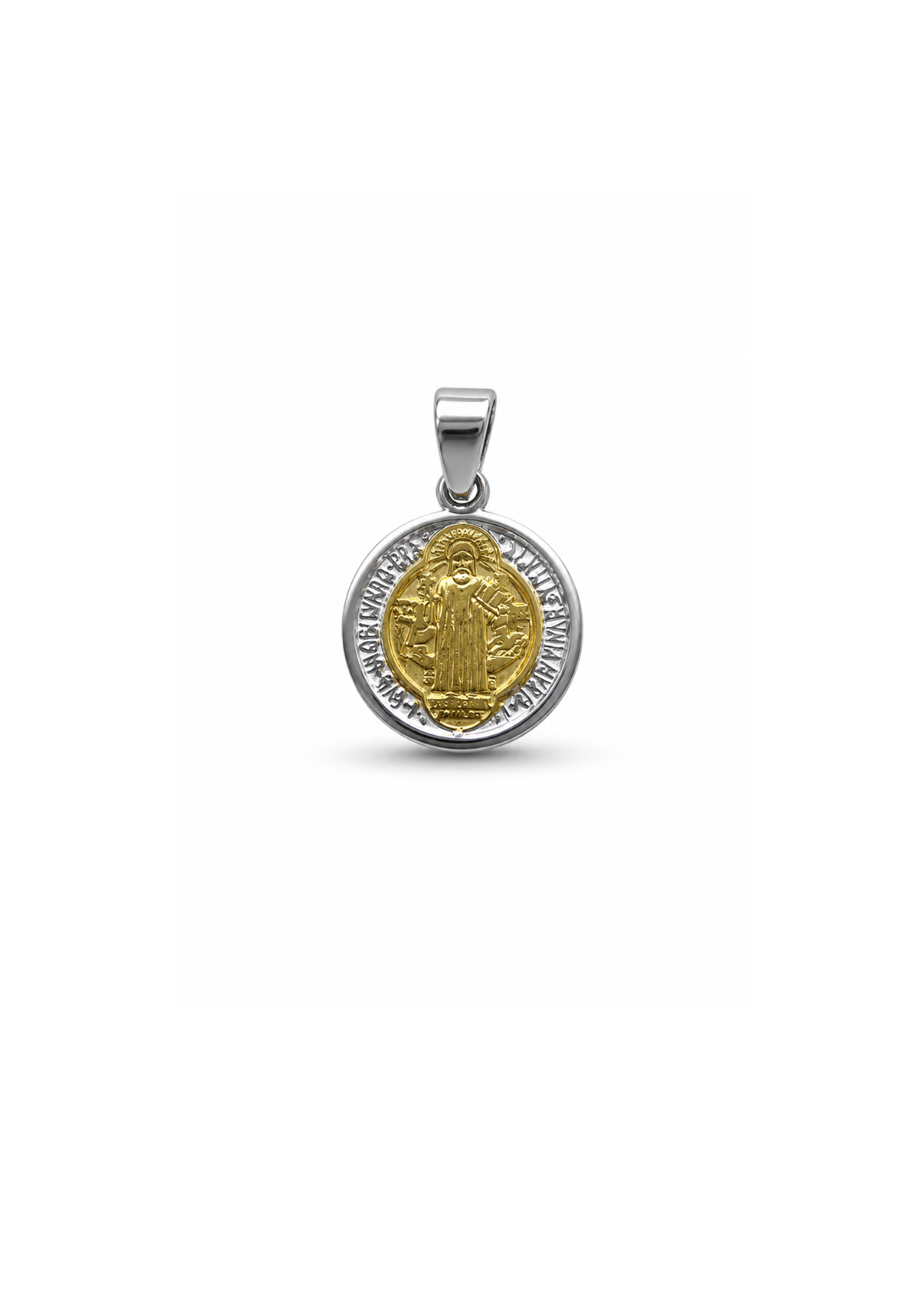 Dije medalla San Benito bicolor doble vista chica acero inoxidable