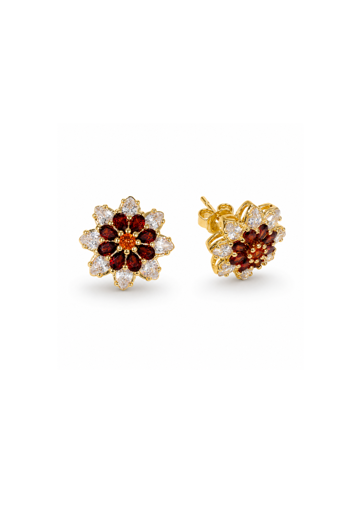 Aretes flor bicolor chapa de oro