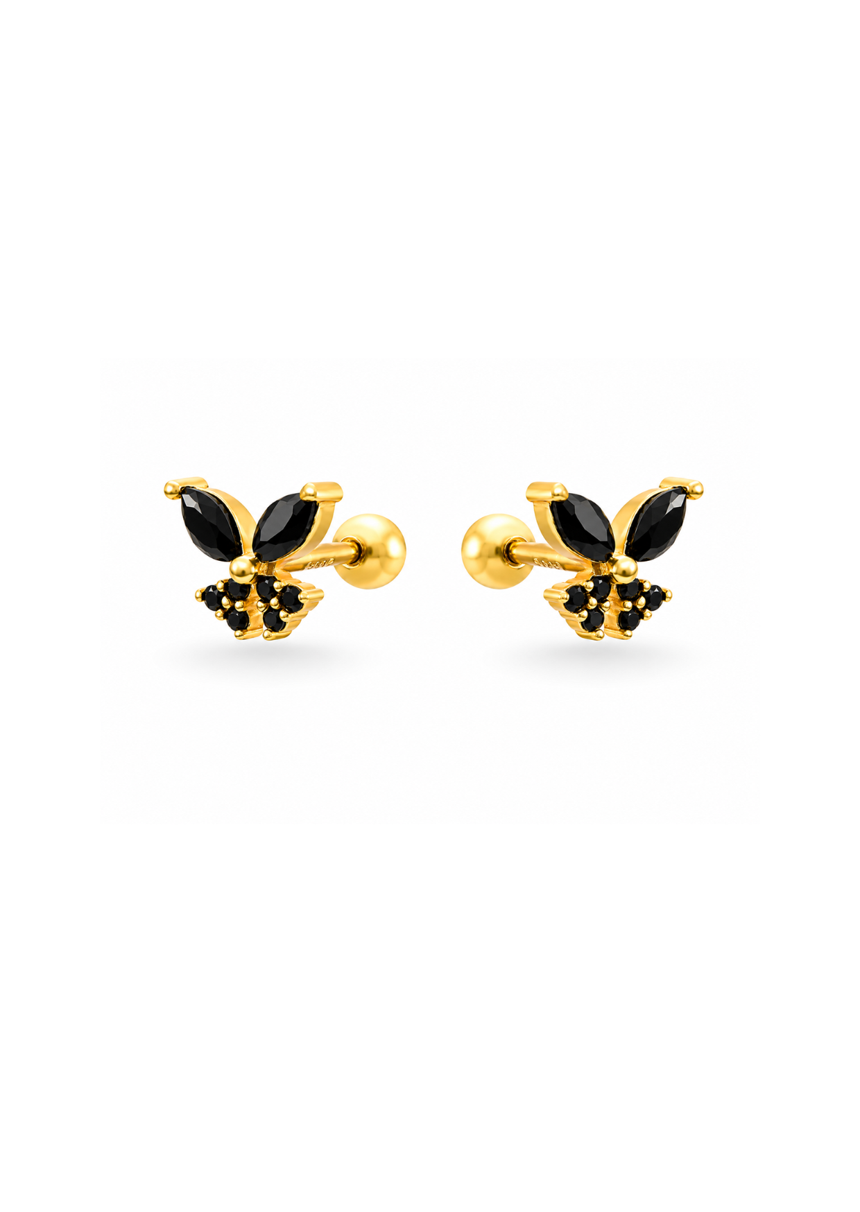 Aretes stud mariposa negro con zirconias chapa de oro