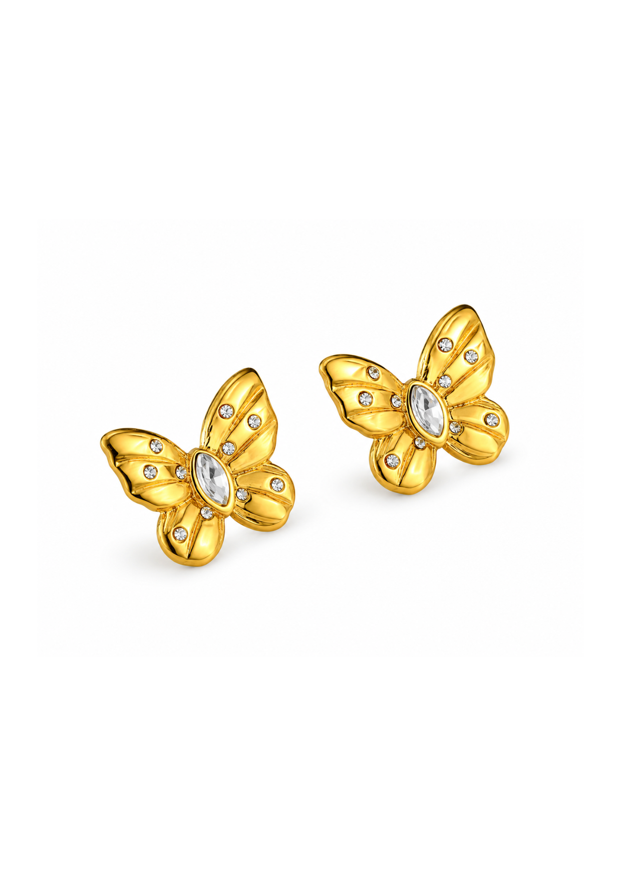 Aretes mariposa dorada con cristales acero inoxidable