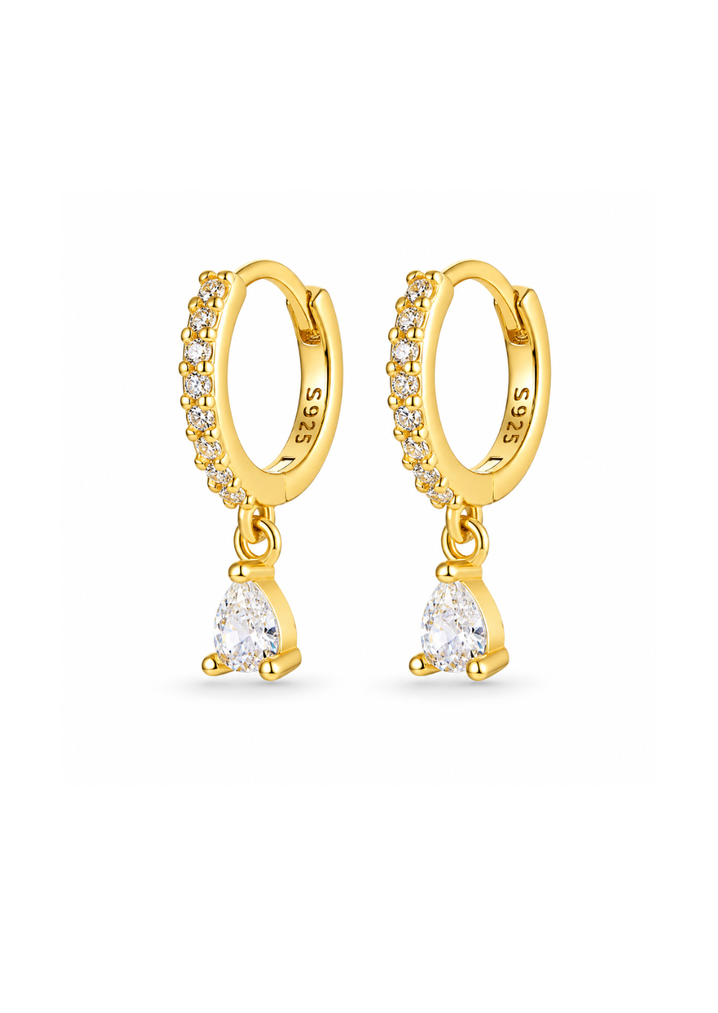 Aretes huggies con gota blanco dorado plata de ley 925
