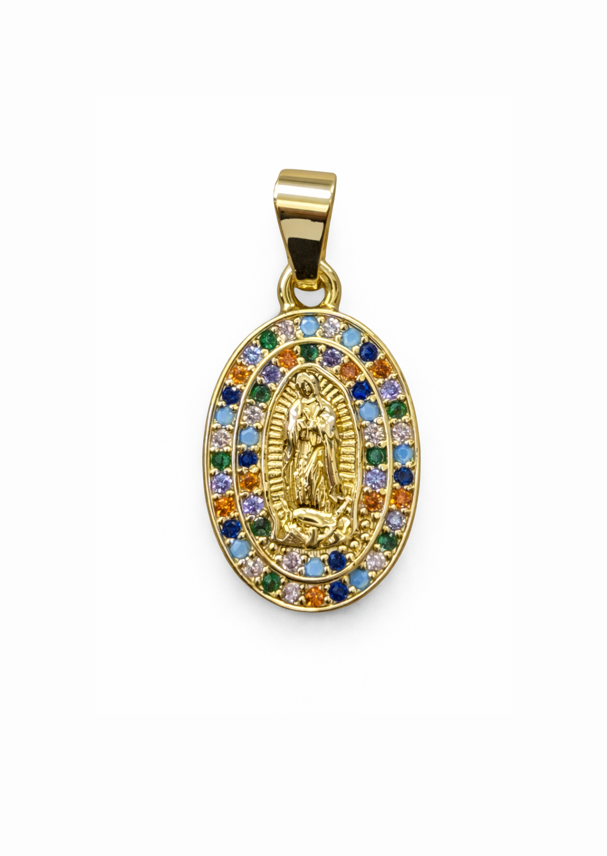 Dije medalla virgen de Guadalupe con zirconias colores acero inoxidable