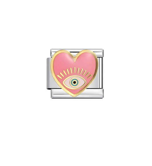 Charm plateado corazón rosa con ojito acero inoxidable