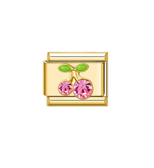Charm dorado cereza con cristales rosas acero inoxidable 304