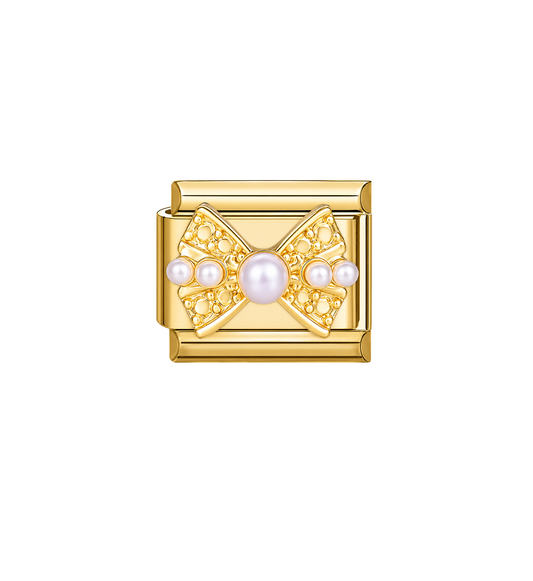 Charm dorado moño con perlas acero inoxidable 304