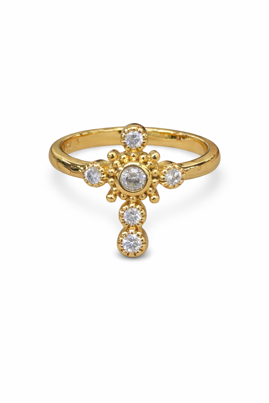 Anillo cruz con zirconias chapa de oro