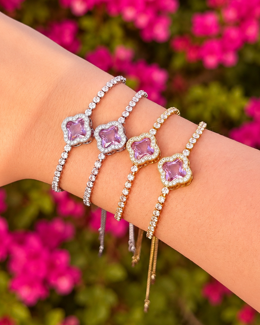 Pulsera trébol tipo tenis chapa de oro