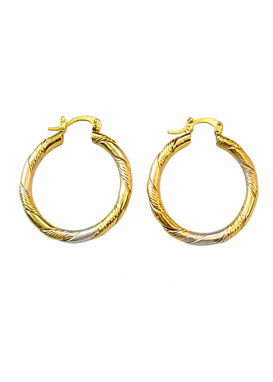 Aretes arracadas trenzada bicolor baño de oro