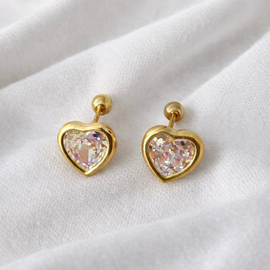 Broqueles 10K Corazones con zirconias
