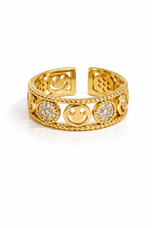 Anillo happy face con zirconias chapa de oro