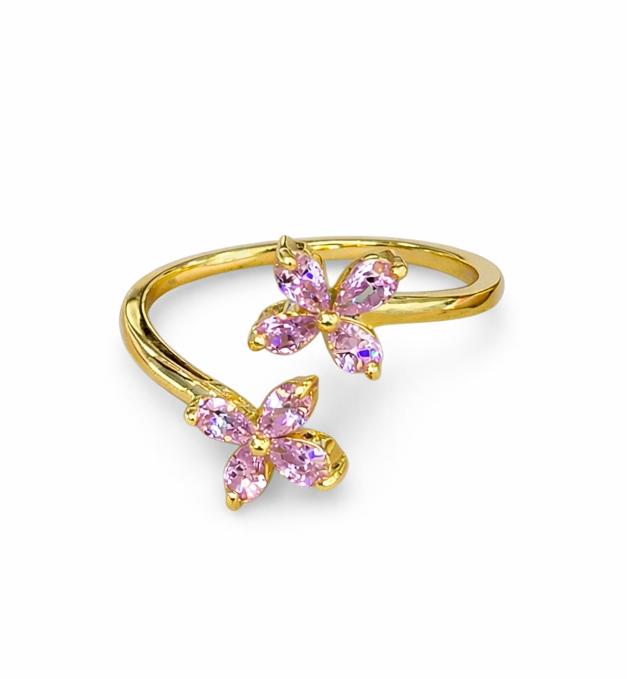 Anillo 2 Flores Rosas Chapa de Oro
